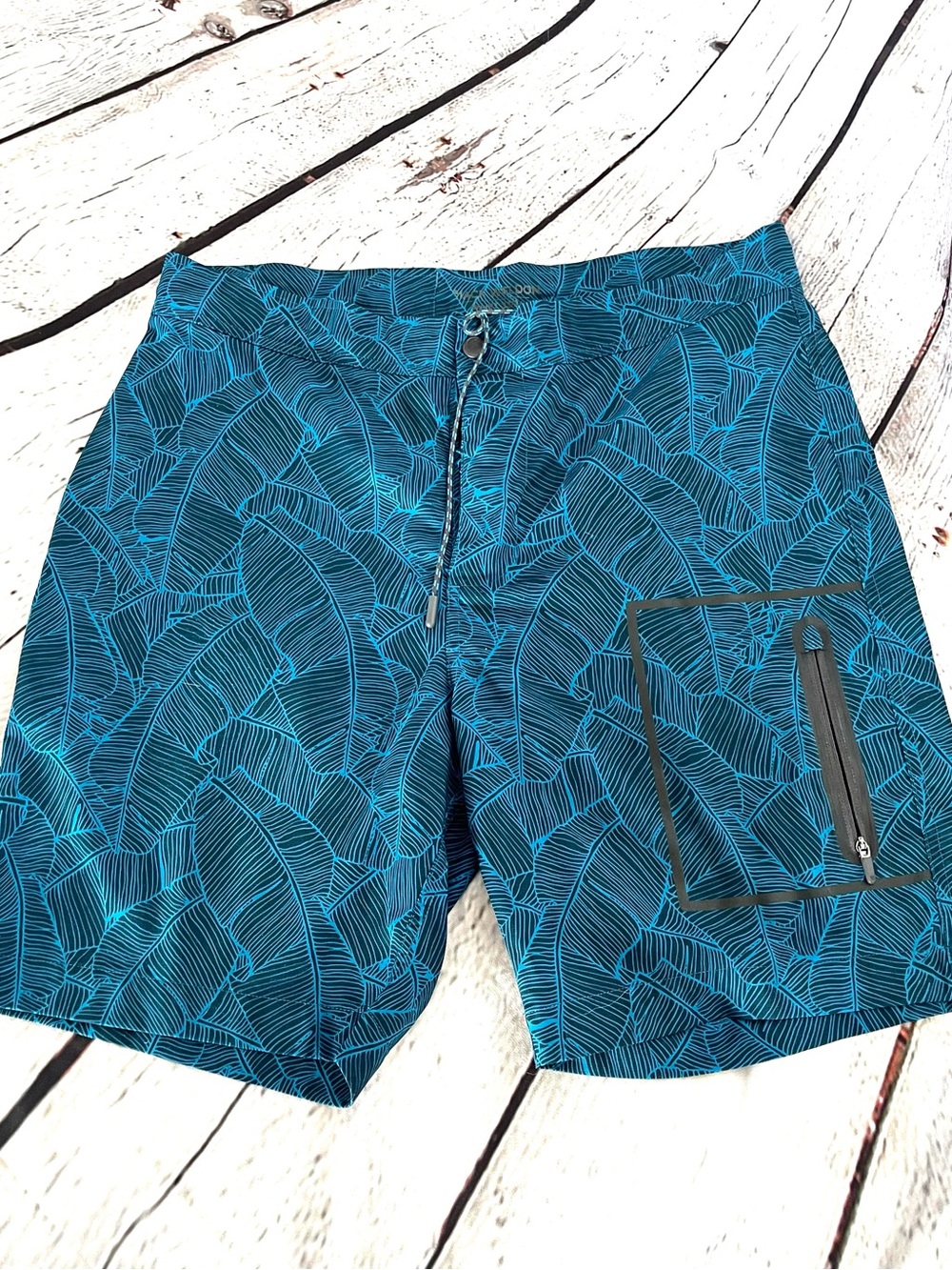 Mack Weldon Teal and Black Leaf-Print Swim Shorts